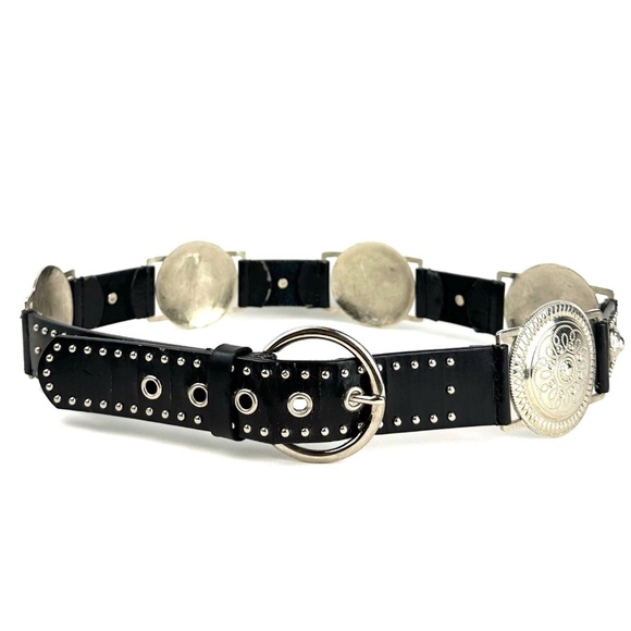 Mudd Accessories - Vintage ‘Mudd’ Y2K Leather and Metal Silver Medallions Belt - Western - M/L